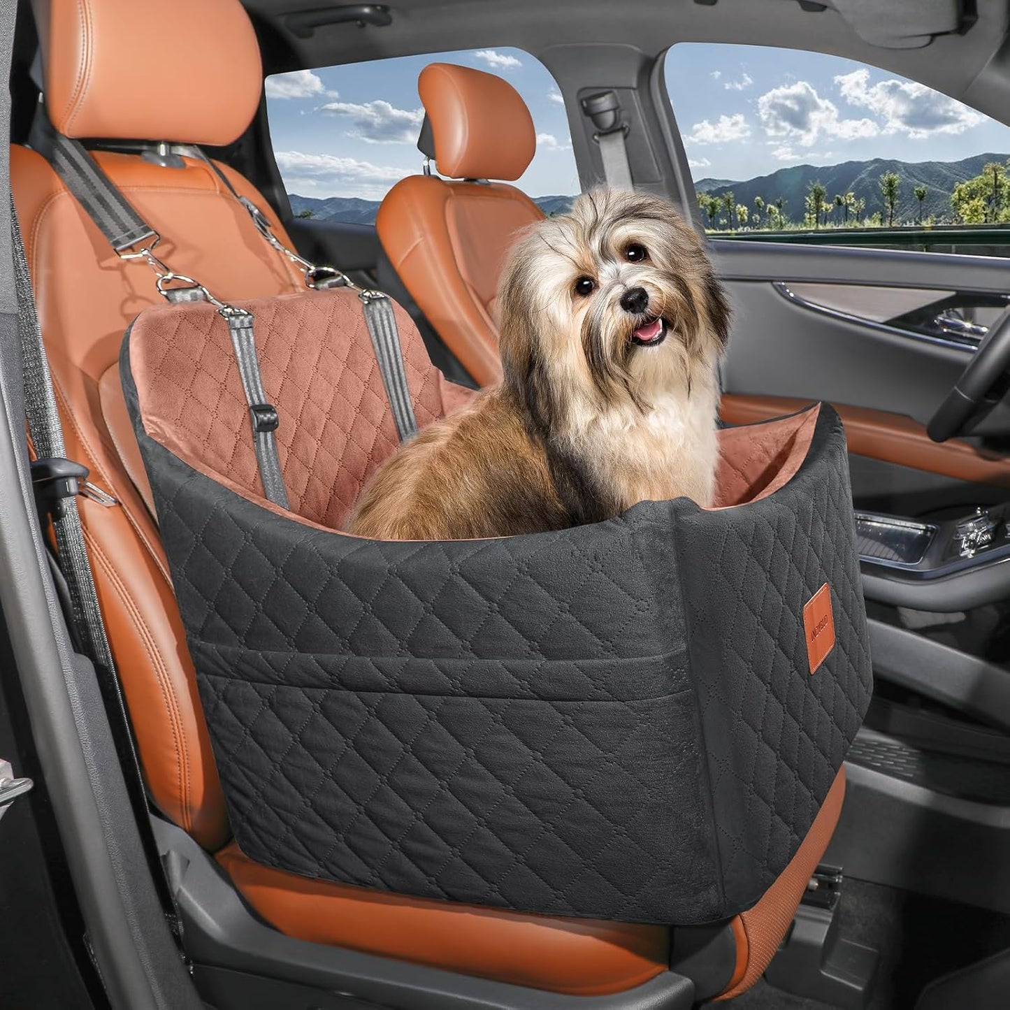 Dog Car Seats for Small Medium Dogs, Portable Detachable Washable Puppy Car Seat for Dog up to 35Lbs, Pet Booster Seat with Storage Pockets and Safety Belt (Black/Brown, Medium)