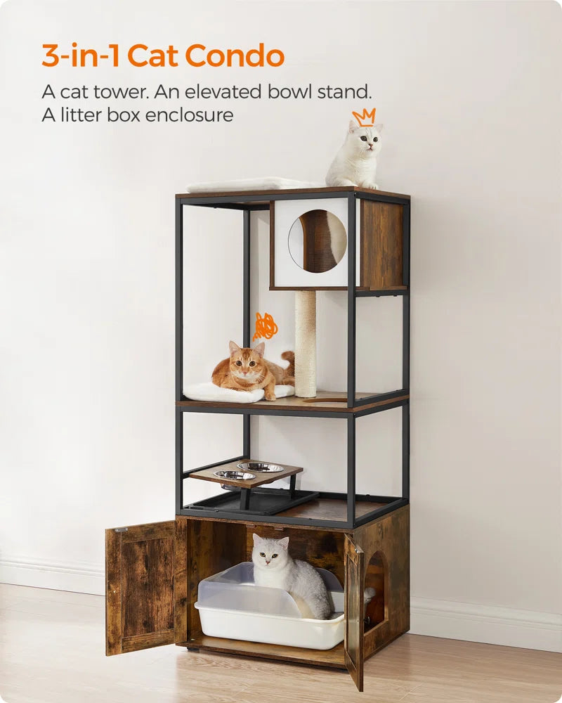 Kimmel 58" Cat Condo: Stylish Litter Box Enclosure with Elevated Bowls for Your Feline's Comfort