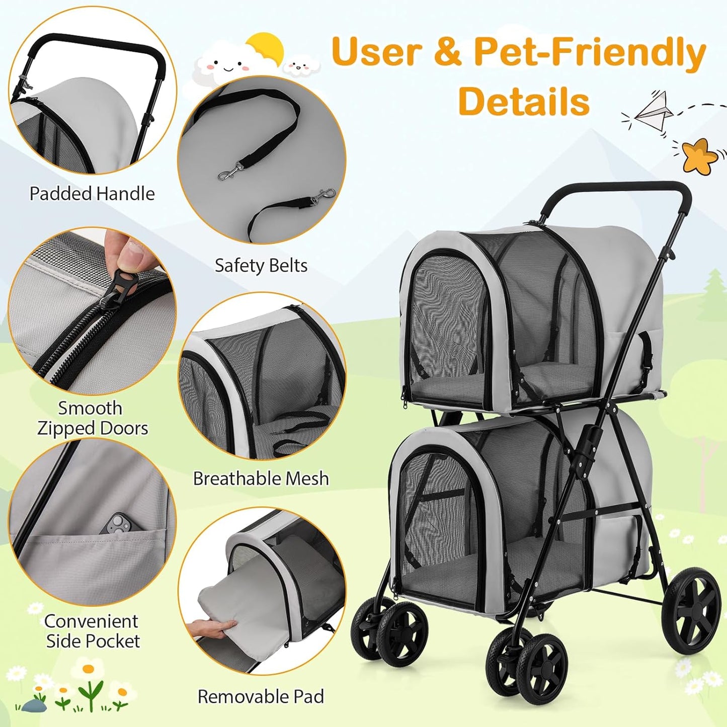 Double Pet Stroller with 2 Detachable Carrier Bags, Safety Belt, 4 Lockable Wheels, Folding Cat & Dog Stroller for Small Medium Pets, Cats Dogs Puppy Travel Strolling Cart (Gray)