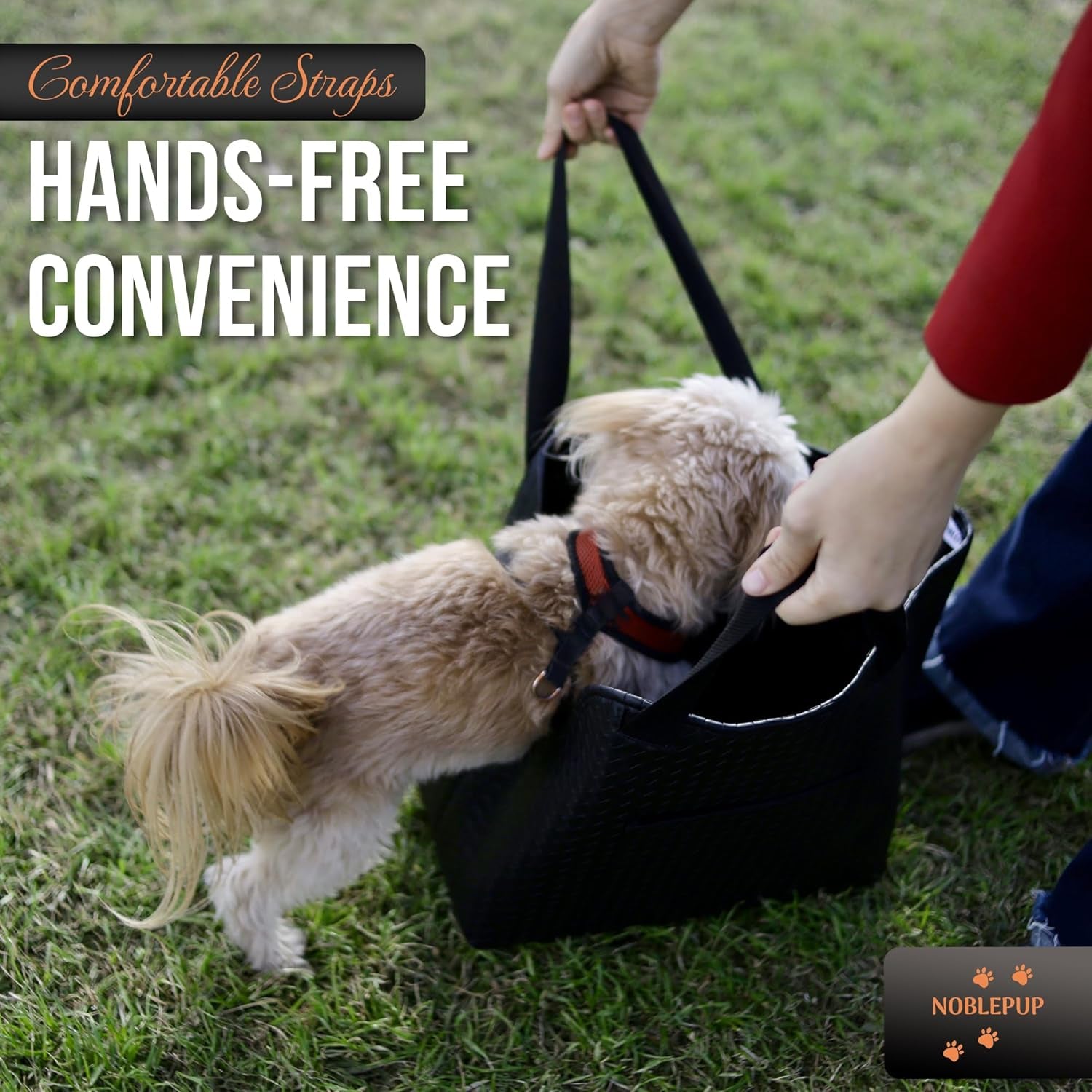 Luxury Woven Dog Purse Carrier for Small Dogs - Cozy Faux Leather, Dog Carrier Purse with Secure Harness Clip, Black Dog Tote Bag for Small Dogs and Puppies