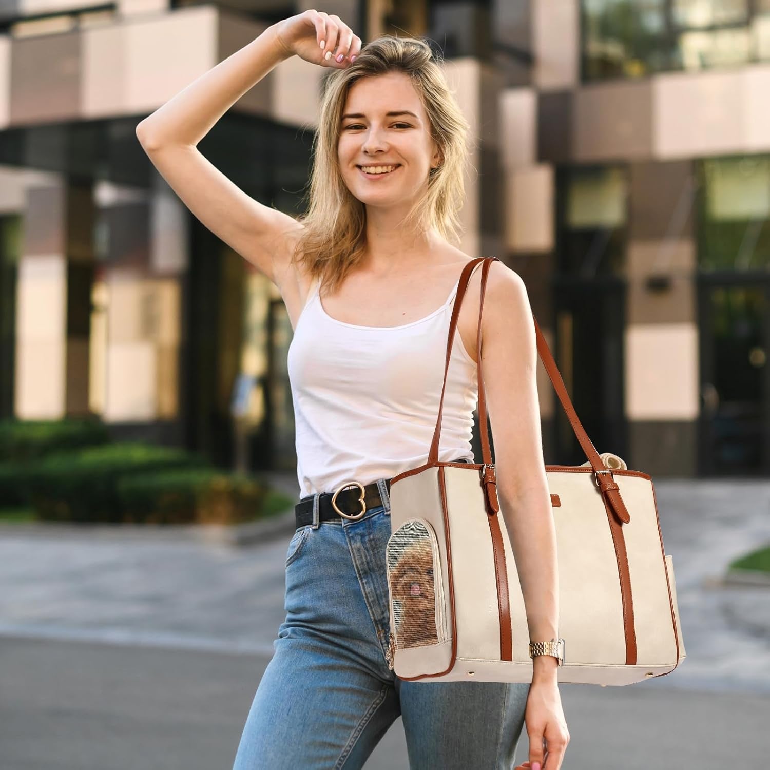 Chic & Comfortable Beign Soft-Sided Dog Purse Carrier - Airline Approved Travel Tote for Small Pets