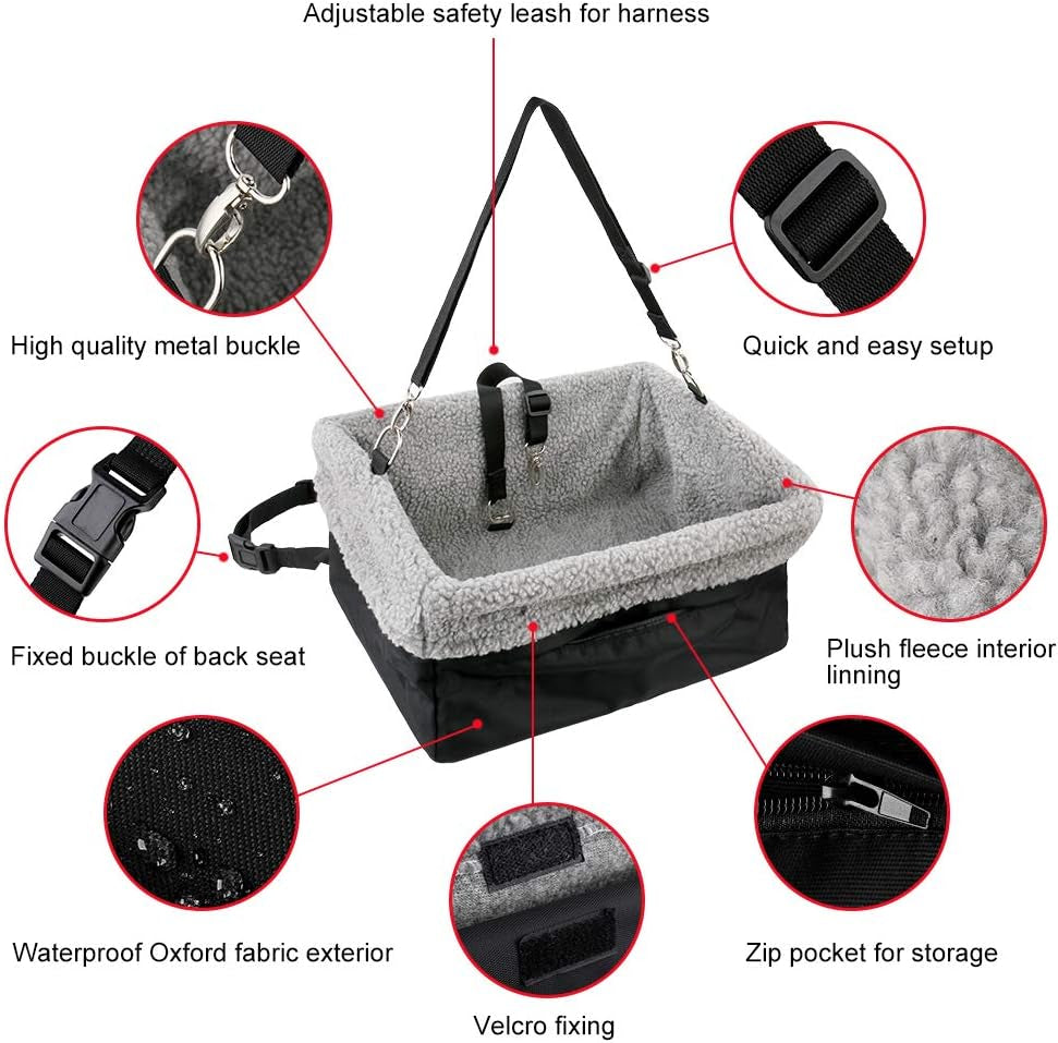 Metal Frame Construction Pet Booster Seat with Zipper Storage Pocket, Black/Grey