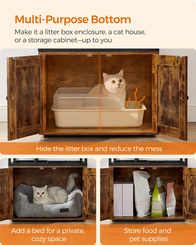 Kimmel 58" Cat Condo: Stylish Litter Box Enclosure with Elevated Bowls for Your Feline's Comfort