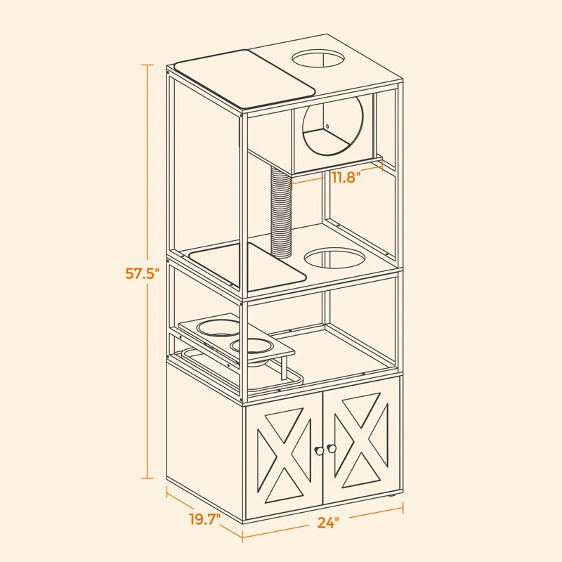 Kimmel 58" Cat Condo: Stylish Litter Box Enclosure with Elevated Bowls for Your Feline's Comfort