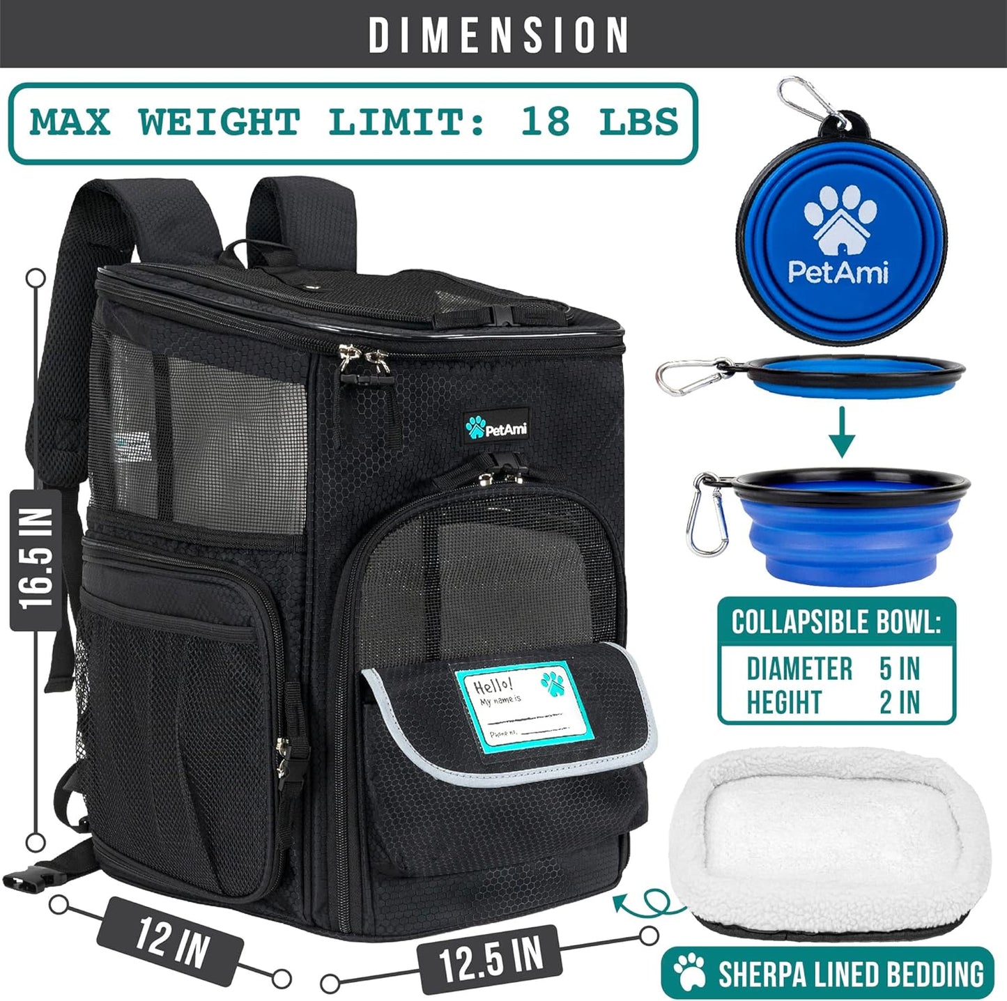 Premium Airline Approved Dog Backpack Carrier - Versatile, Comfortable & Ventilated for Travel with Cats and Small Dogs - Max Weight 18 lbs - Stylish Black Design