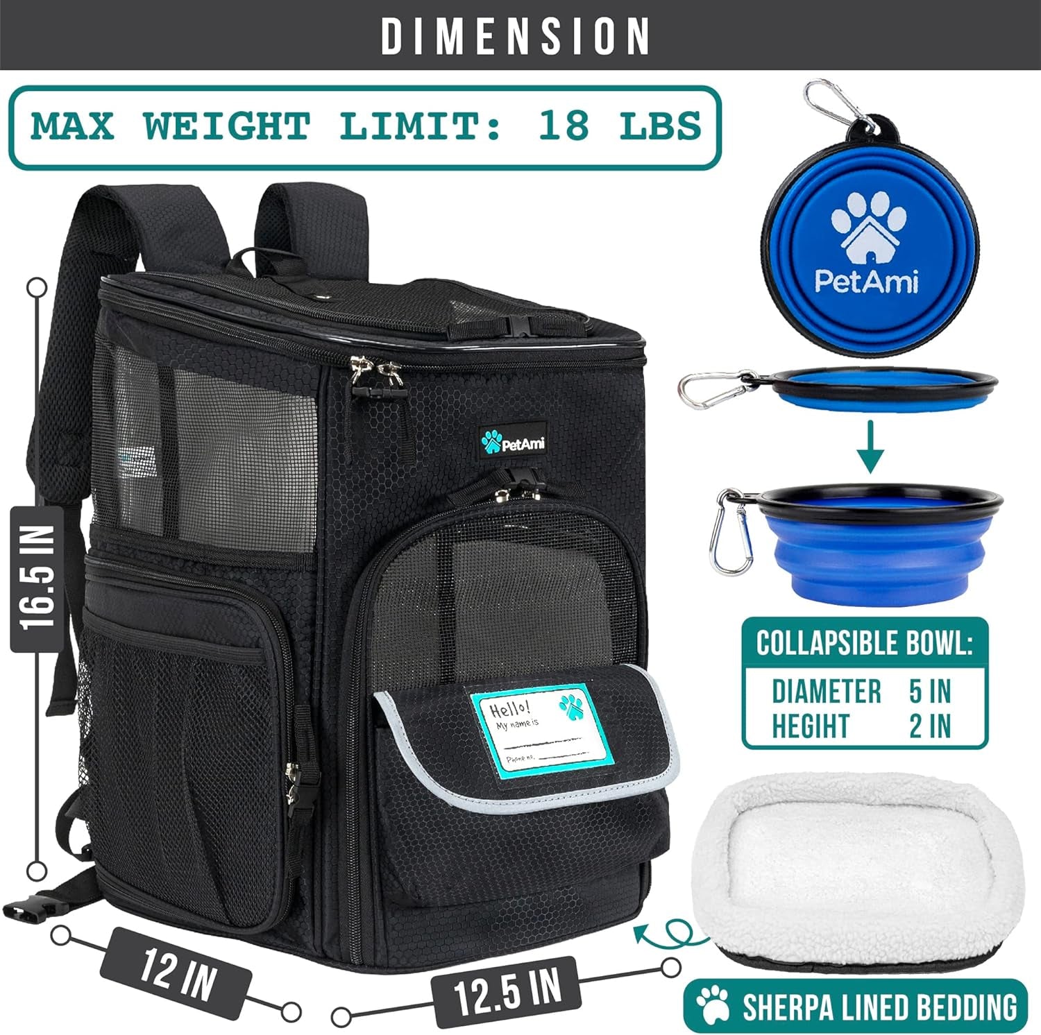 Premium Airline Approved Dog Backpack Carrier - Versatile, Comfortable & Ventilated for Travel with Cats and Small Dogs - Max Weight 18 lbs - Stylish Black Design