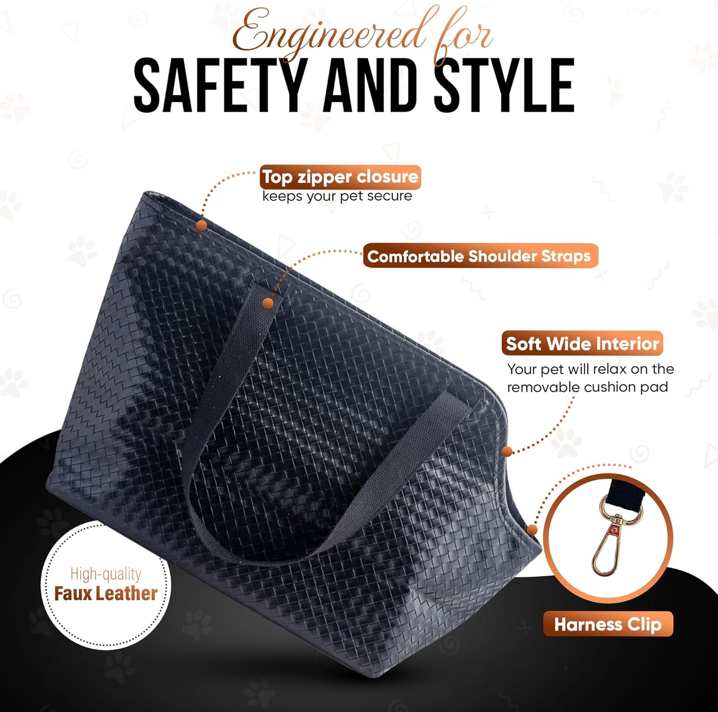 Luxury Woven Dog Purse Carrier for Small Dogs - Cozy Faux Leather, Dog Carrier Purse with Secure Harness Clip, Black Dog Tote Bag for Small Dogs and Puppies