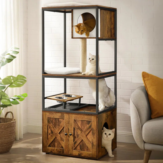 Kimmel 58" Cat Condo: Stylish Litter Box Enclosure with Elevated Bowls for Your Feline's Comfort