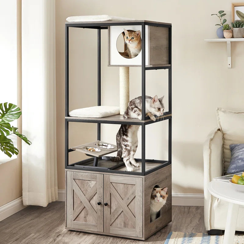 Kimmel 58" Cat Condo: Stylish Litter Box Enclosure with Elevated Bowls for Your Feline's Comfort