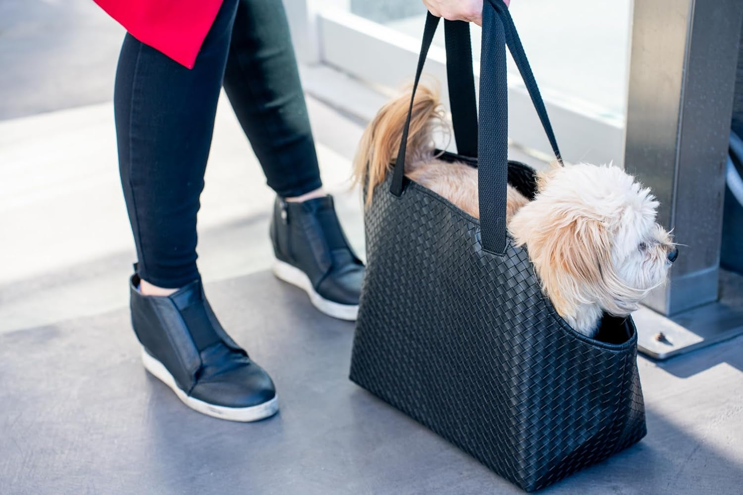 Luxury Woven Dog Purse Carrier for Small Dogs - Cozy Faux Leather, Dog Carrier Purse with Secure Harness Clip, Black Dog Tote Bag for Small Dogs and Puppies