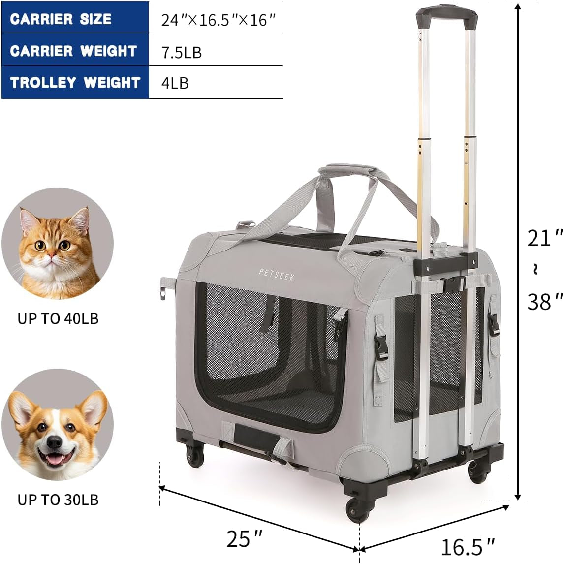 Extra Large Cat Carrier Soft Sided with Wheels Folding Small Medium Dog Pet Carrier 24"X16.5"X16" Travel Collapsible Ventilated Comfortable Design Portable Vehicle