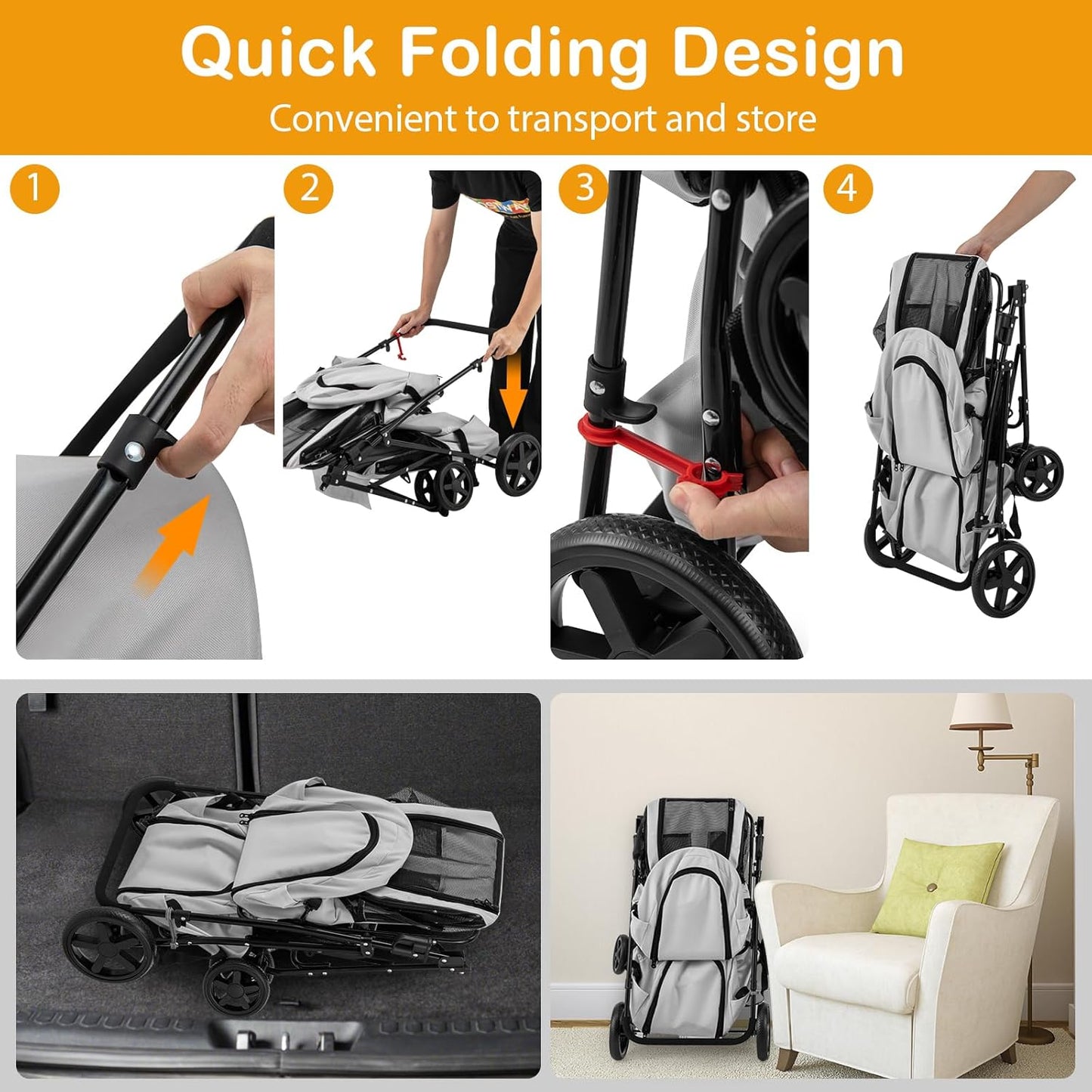 Double Pet Stroller with 2 Detachable Carrier Bags, Safety Belt, 4 Lockable Wheels, Folding Cat & Dog Stroller for Small Medium Pets, Cats Dogs Puppy Travel Strolling Cart (Gray)