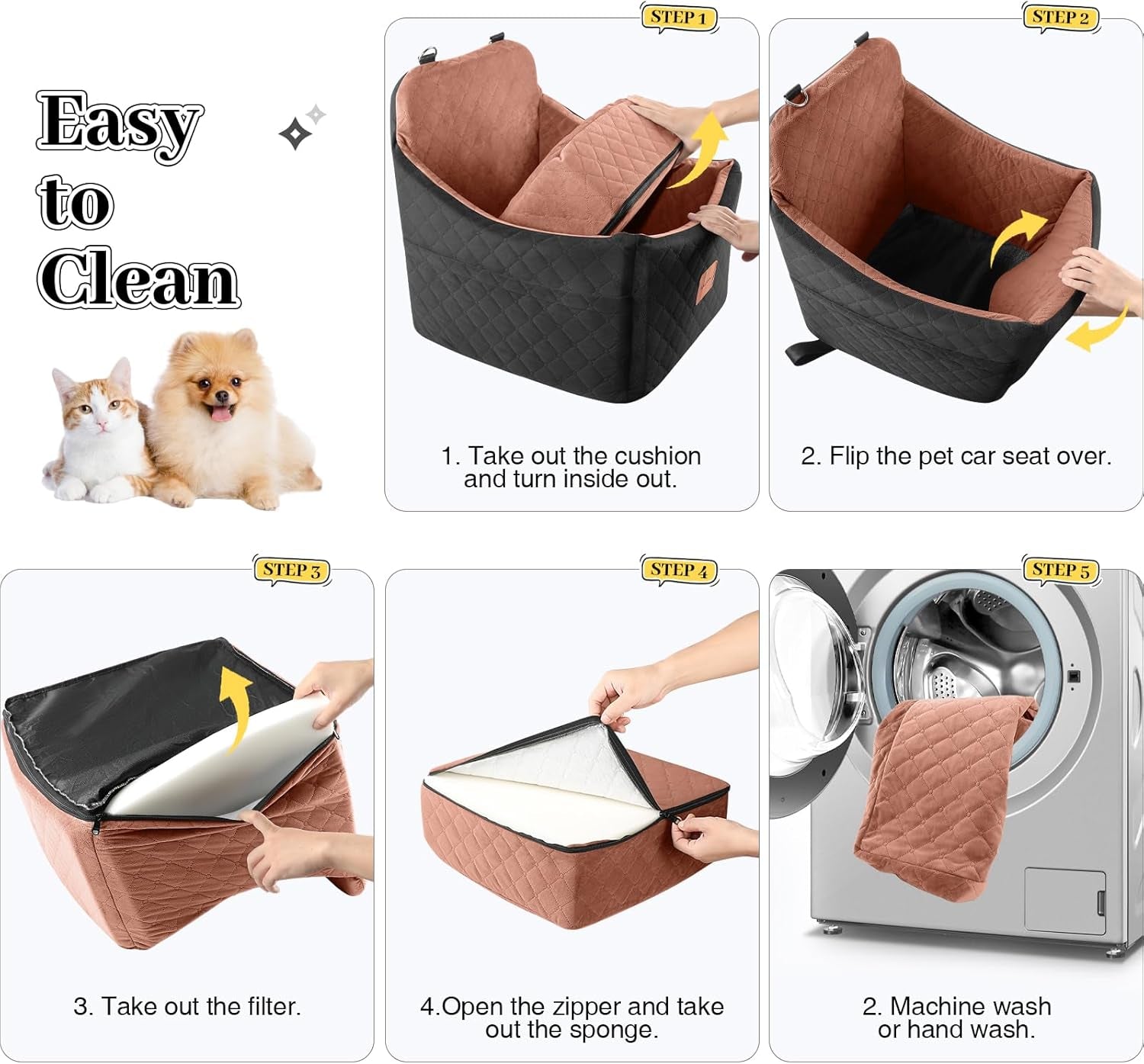 Dog Car Seats for Small Medium Dogs, Portable Detachable Washable Puppy Car Seat for Dog up to 35Lbs, Pet Booster Seat with Storage Pockets and Safety Belt (Black/Brown, Medium)