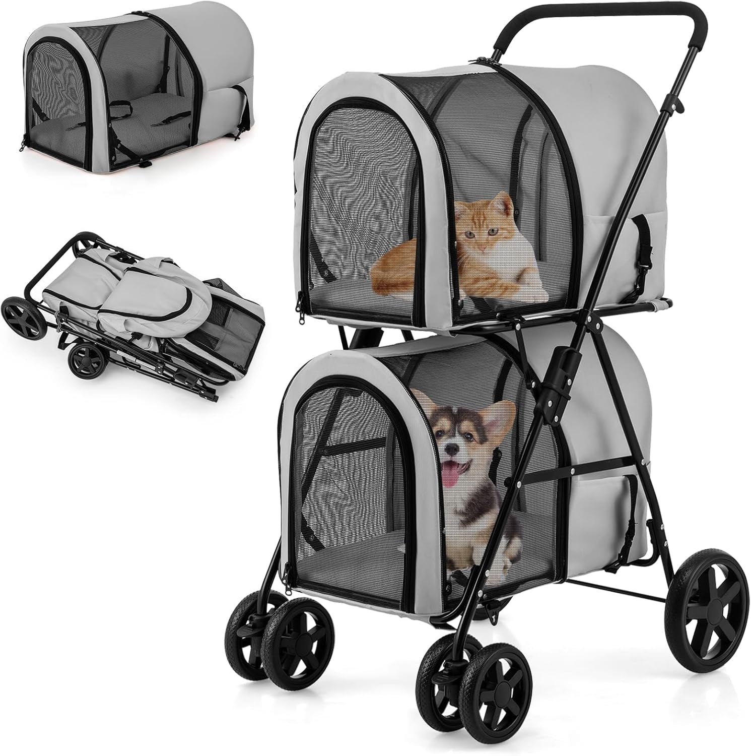 Double Pet Stroller with 2 Detachable Carrier Bags, Safety Belt, 4 Lockable Wheels, Folding Cat & Dog Stroller for Small Medium Pets, Cats Dogs Puppy Travel Strolling Cart (Gray)