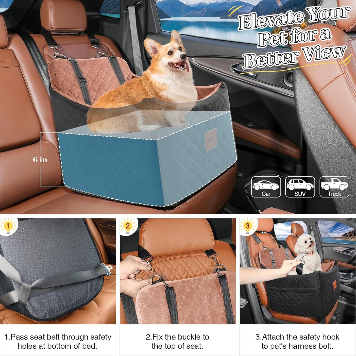 Dog Car Seats for Small Medium Dogs, Portable Detachable Washable Puppy Car Seat for Dog up to 35Lbs, Pet Booster Seat with Storage Pockets and Safety Belt (Black/Brown, Medium)