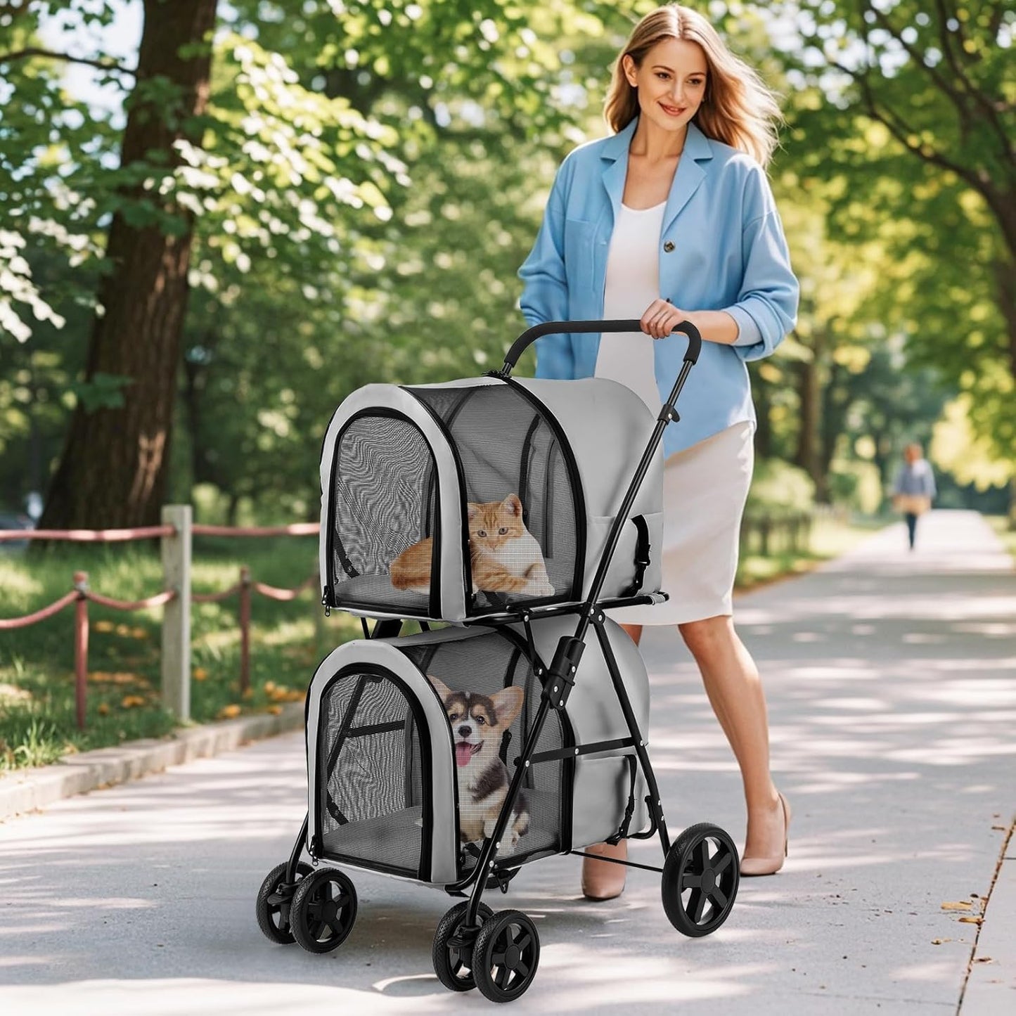 Double Pet Stroller with 2 Detachable Carrier Bags, Safety Belt, 4 Lockable Wheels, Folding Cat & Dog Stroller for Small Medium Pets, Cats Dogs Puppy Travel Strolling Cart (Gray)