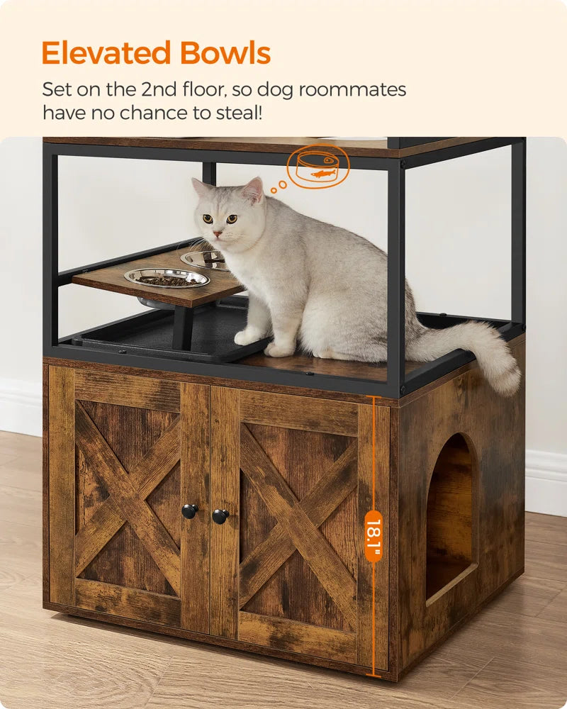Kimmel 58" Cat Condo: Stylish Litter Box Enclosure with Elevated Bowls for Your Feline's Comfort