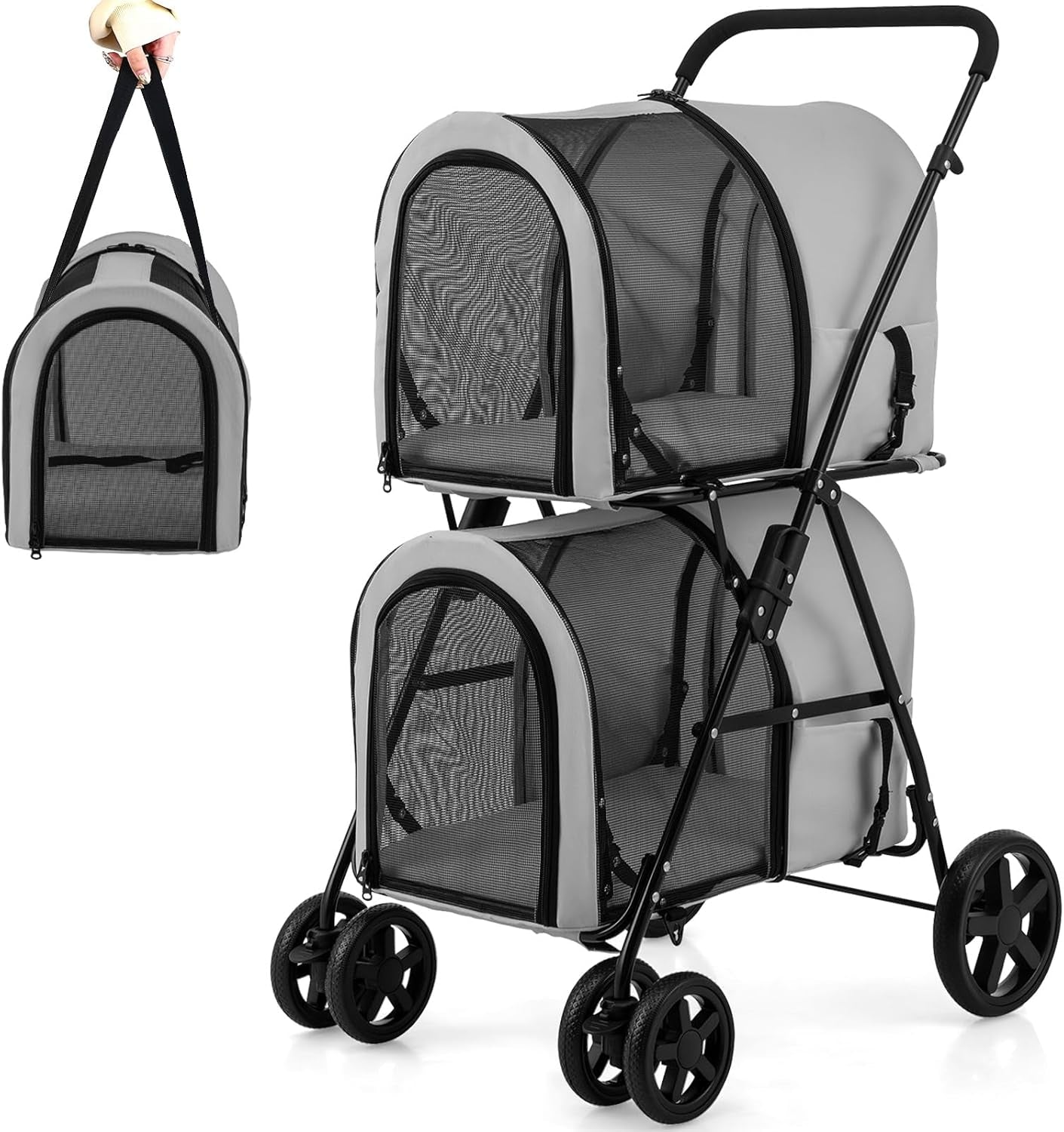 Double Pet Stroller with 2 Detachable Carrier Bags, Safety Belt, 4 Lockable Wheels, Folding Cat & Dog Stroller for Small Medium Pets, Cats Dogs Puppy Travel Strolling Cart (Gray)