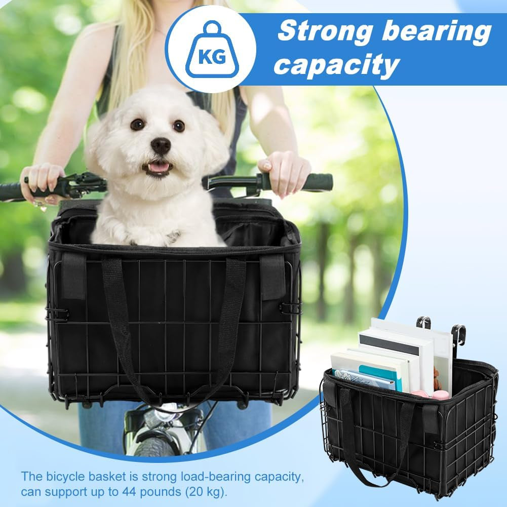 Folding Bike Front Basket with Removable Liner Bag, Black, Steel + Oxford Cloth, Handlebar/Rack Mount, 13.39X7.87X9.06Inch, 20Kg Capacity