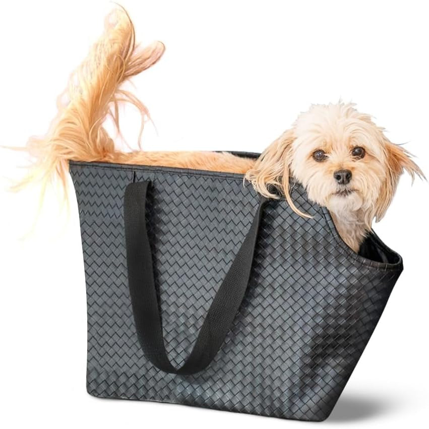 Luxury Woven Dog Purse Carrier for Small Dogs - Cozy Faux Leather, Dog Carrier Purse with Secure Harness Clip, Black Dog Tote Bag for Small Dogs and Puppies