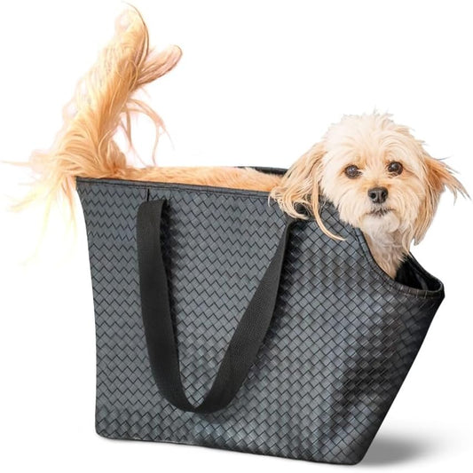 Luxury Woven Dog Purse Carrier for Small Dogs - Cozy Faux Leather, Dog Carrier Purse with Secure Harness Clip, Black Dog Tote Bag for Small Dogs and Puppies