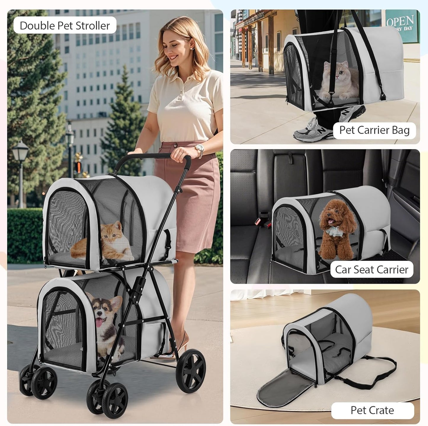 Double Pet Stroller with 2 Detachable Carrier Bags, Safety Belt, 4 Lockable Wheels, Folding Cat & Dog Stroller for Small Medium Pets, Cats Dogs Puppy Travel Strolling Cart (Gray)