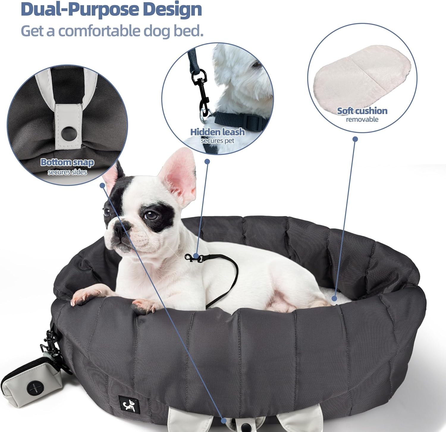 Dog Carrier for Medium Dogs, Travel Purse for Dogs up to 20 Lbs with Poop Bag Holder, Dog Collar Clip, Double-Sided Pad, Adjustable Leash, Waterproof Washable Bag, Monet Grey