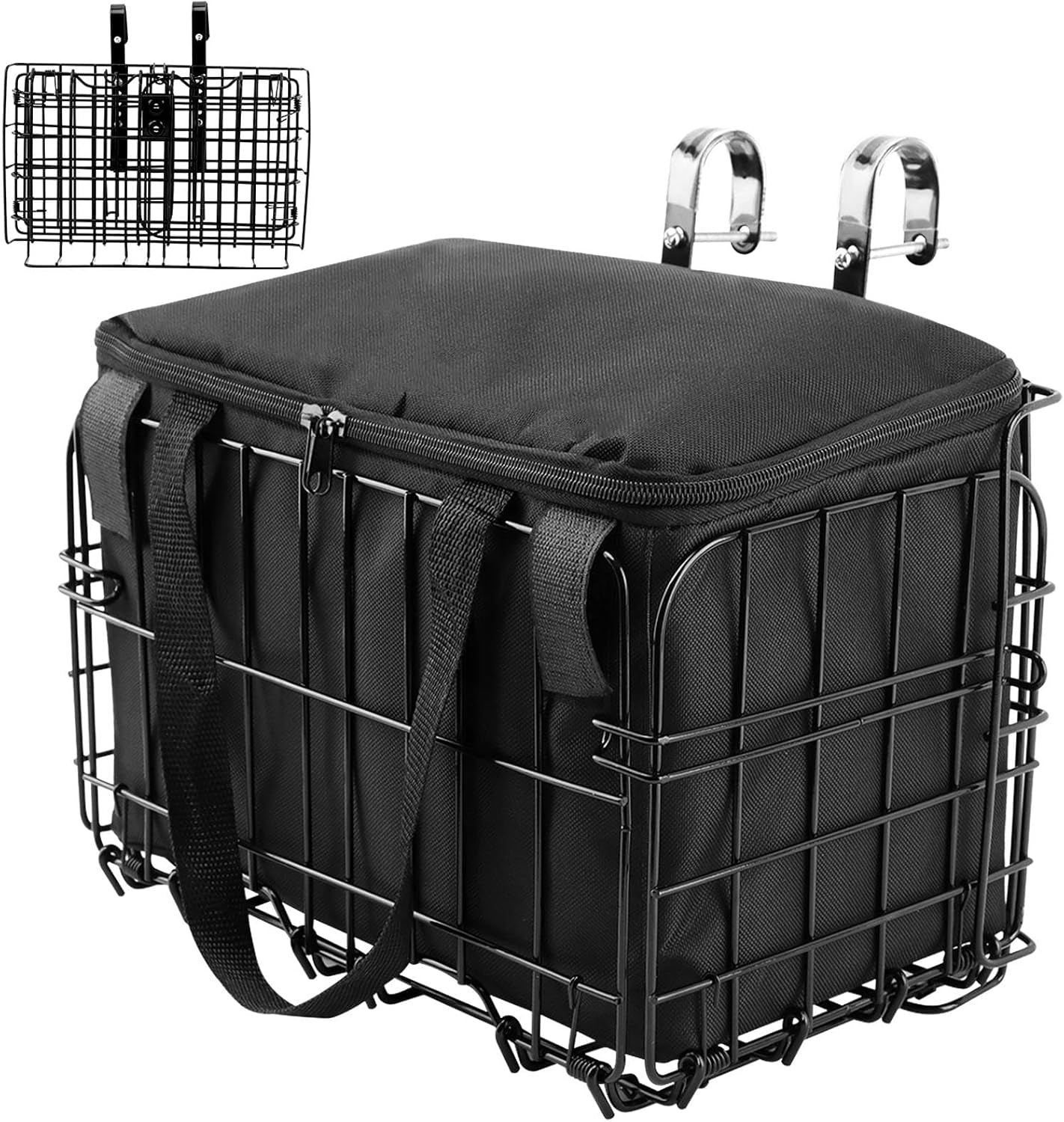 Folding Bike Front Basket with Removable Liner Bag, Black, Steel + Oxford Cloth, Handlebar/Rack Mount, 13.39X7.87X9.06Inch, 20Kg Capacity