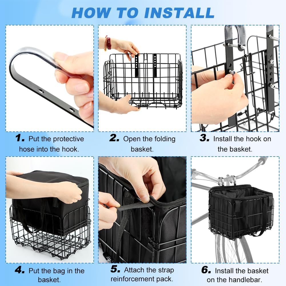 Folding Bike Front Basket with Removable Liner Bag, Black, Steel + Oxford Cloth, Handlebar/Rack Mount, 13.39X7.87X9.06Inch, 20Kg Capacity