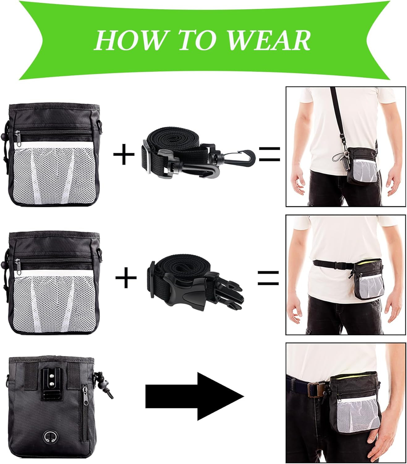 Dog Treat Pouch Dog Clicker Training Kit, Dog Training Treat Pouch Dog Clicker for Training, 3 Ways to Wear Easily Carries Treat Pouches for Pet Training (Black and Pink)