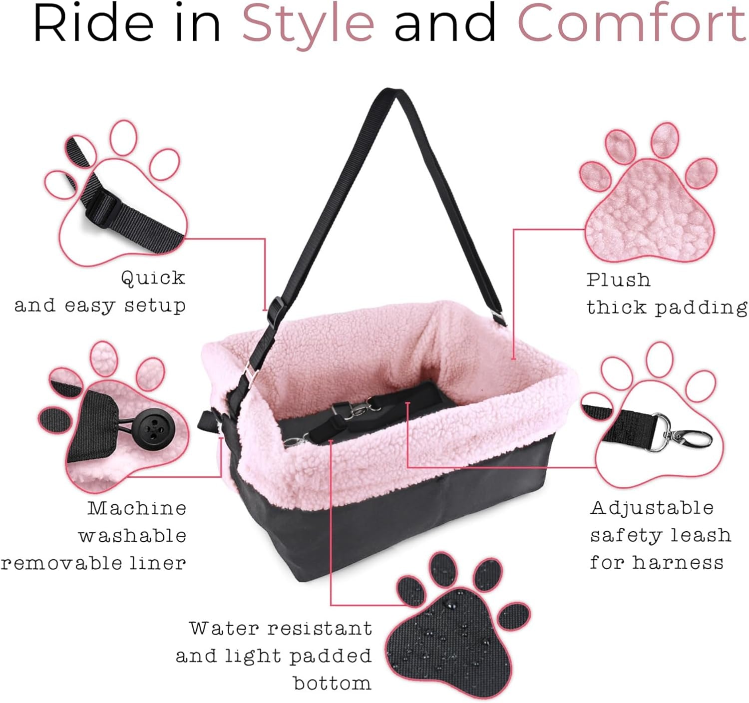 Deluxe Grey Dog Car Seat - Ultimate Booster Seat for Small Dogs Up to 18 Lbs with Safety Harness and Washable Comfort