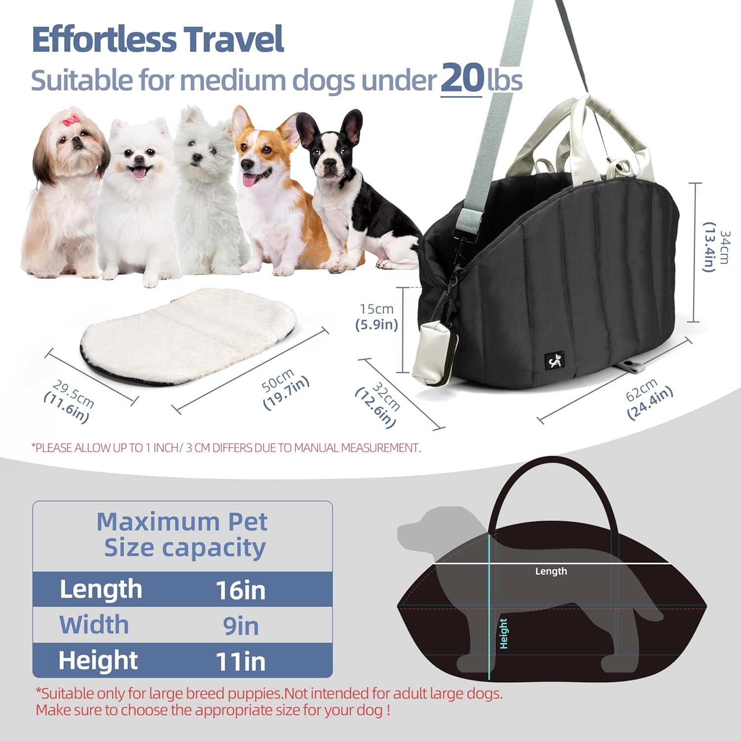Dog Carrier for Medium Dogs, Travel Purse for Dogs up to 20 Lbs with Poop Bag Holder, Dog Collar Clip, Double-Sided Pad, Adjustable Leash, Waterproof Washable Bag, Monet Grey