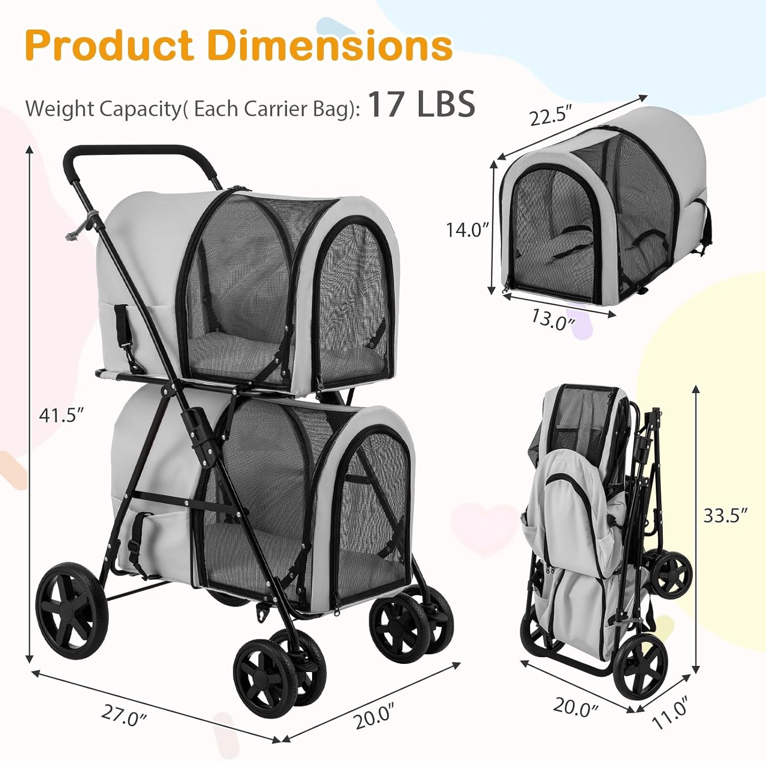 Double Pet Stroller with 2 Detachable Carrier Bags, Safety Belt, 4 Lockable Wheels, Folding Cat & Dog Stroller for Small Medium Pets, Cats Dogs Puppy Travel Strolling Cart (Gray)